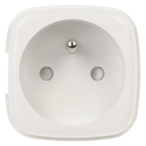Białe gniazdko elektryczne z okrągłym otworem na wtyczkę i dwoma otworami na bolce. Gniazdko ma prostokątny kształt z zaokrąglonymi rogami.