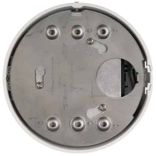 Zdjęcie przedstawia okrągłą, metalową podstawę montażową z kilkoma otworami i śrubami, przeznaczoną do instalacji urządzeń elektronicznych. Podstawa jest umieszczona na białym tle, co podkreśla jej konstrukcję i detale.