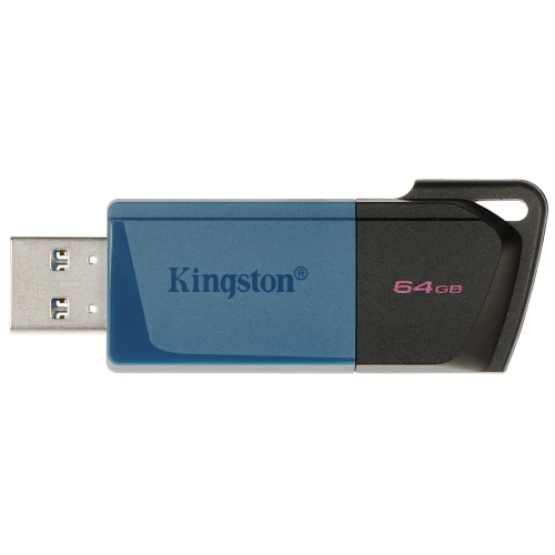 Na zdjęciu znajduje się niebiesko-czarny pendrive marki Kingston o pojemności 64 GB. Urządzenie ma wysuwane złącze USB i kompaktowy design.