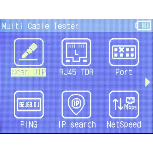 Ekran urządzenia testującego kable z sześcioma ikonami funkcji: Scan UTP, RJ45 TDR, Port, PING, IP search i NetSpeed. Każda ikona ma graficzny symbol i podpis, a tło jest niebieskie.