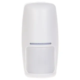 Biała, bezprzewodowa czujka PIR z prostokątnym panelem detekcyjnym na dole. Urządzenie ma minimalistyczny design z wąskim, poziomym otworem na górze.