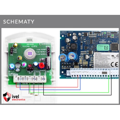 Aansluitingsschema van de DSC LC-100-PI bewegingsmelder op de DSC HS2016, HS2032, HS2064 hoofdprintplaat