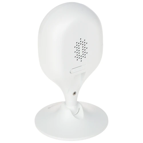 Biała kamera bezpieczeństwa na stojaku, widziana z tyłu, z widocznymi otworami wentylacyjnymi i przyciskiem reset. Urządzenie ma elegancki, nowoczesny design i jest umieszczone na okrągłej podstawie.