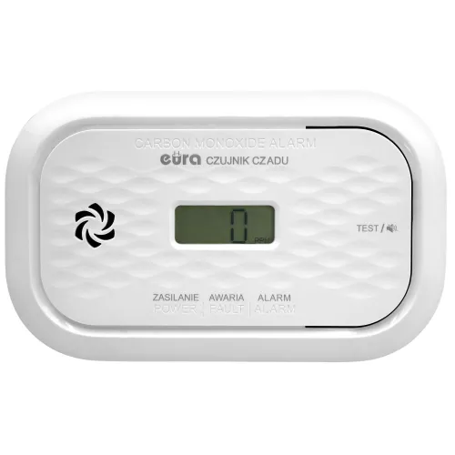 Na zdjęciu znajduje się biały czujnik czadu z wyświetlaczem LCD pokazującym wartość "0 PPM". Urządzenie posiada przyciski testowe oraz wskaźniki zasilania, awarii i alarmu.