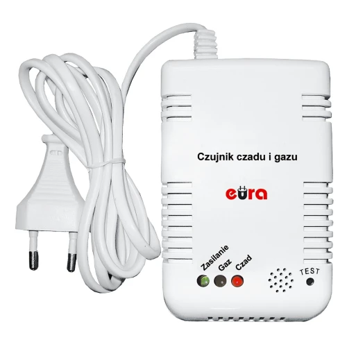 Czujnik czadu i gazu marki Eura w białej obudowie z widocznymi diodami sygnalizacyjnymi oraz przyciskiem testowym, wyposażony w przewód zasilający zakończony wtyczką. Produkt przeznaczony do wykrywania obecności tlenku węgla i gazu w pomieszczeniach.