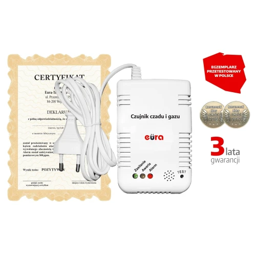 Na zdjęciu znajduje się czujnik czadu i gazu marki Eura, wyposażony w przewód zasilający oraz przyciski testowe i kontrolki. Obok urządzenia widoczny jest certyfikat, dwie medale oraz informacja o 3-letniej gwarancji.