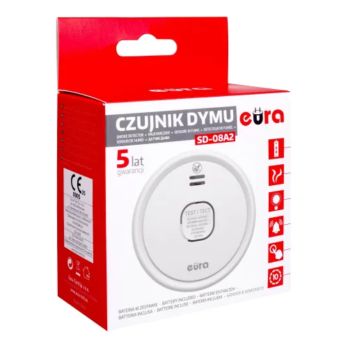 Czujnik dymu EURA SD-08A2 - bateryjny 9V DC, czujnik fotooptyczny, żywotność sensora 10 lat, 5 lat gwarancji