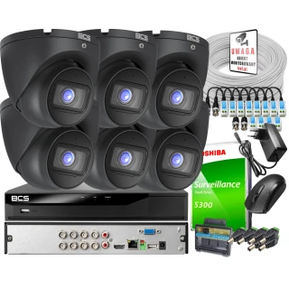 Self-installatie bewaking - set: 6 BCS-EA15FSR3-G 5MPx camera's, BCS-L-XVR0801-4KE-IV 8MPx recorder, 1TB schijf, twisted pair