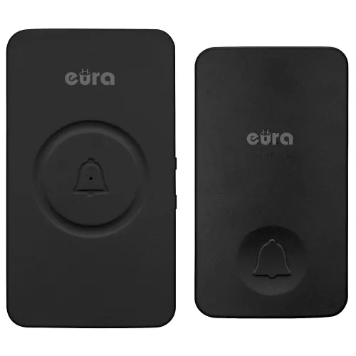 Czarny, bezprzewodowy dzwonek kinetyczny Eura WDP-50A3 składający się z dwóch prostokątnych elementów. Na obu częściach widoczne są subtelne ikony dzwonka.