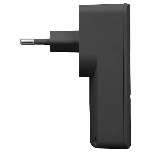 Czarny, kinetyczny dzwonek bezprzewodowy Eura WDP-50A3 widziany z boku, z widoczną wtyczką do gniazdka elektrycznego. Urządzenie ma prosty, nowoczesny design z gładką powierzchnią.