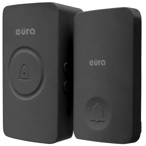 Czarny, bezprzewodowy dzwonek do drzwi Eura WDP-50A3 z kinetycznym przyciskiem i możliwością rozbudowy. Na obu elementach widoczne są ikony dzwonka.
