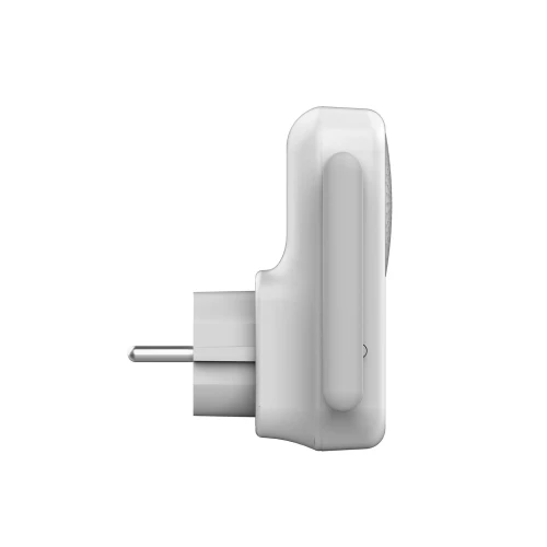 Biały, wewnętrzny dzwonek gong z wtyczką do gniazdka elektrycznego, widoczny z boku. Produkt ma zaokrąglone krawędzie i kompaktowy design.