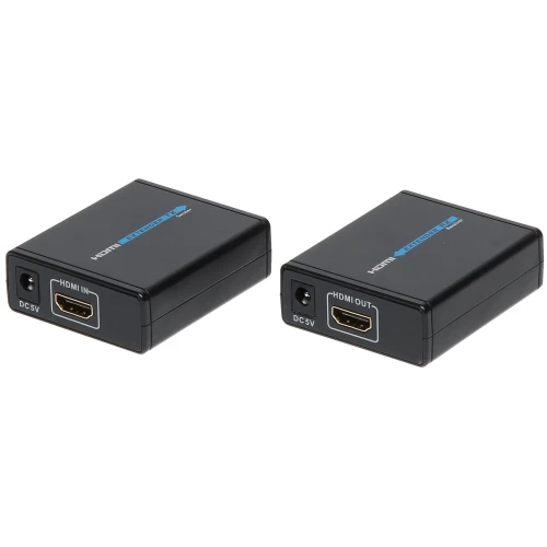 Na zdjęciu znajdują się dwa czarne urządzenia HDMI Extender, każde z portem HDMI i złączem zasilania DC 5V. Urządzenia są oznaczone jako "HDMI IN" i "HDMI OUT", co sugeruje ich funkcję przesyłania sygnału HDMI na większe odległości.