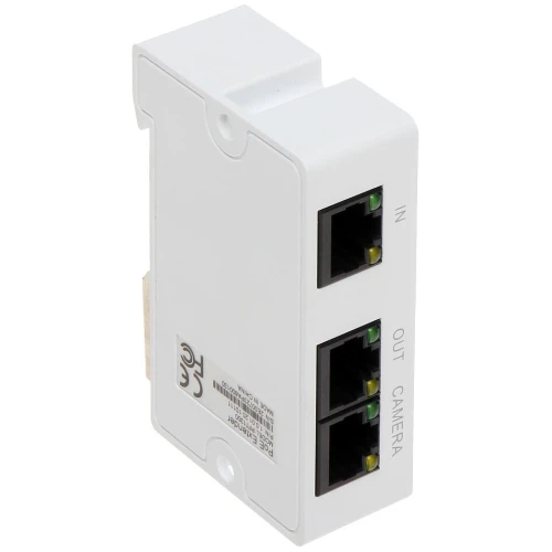 Na zdjęciu znajduje się biały extender PoE Dahua PFT1300 z dwoma portami Ethernet oznaczonymi jako "IN" i "OUT CAMERA". Urządzenie ma prostokątny kształt i widoczne oznaczenia certyfikacyjne na boku.