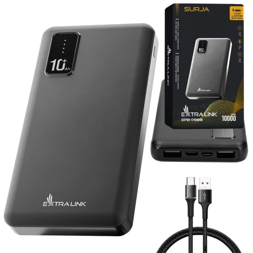 Na zdjęciu znajduje się czarna powerbank Extralink o pojemności 10 000 mAh z wyświetlaczem LED, obok którego widoczny jest jego opakowanie oraz kabel USB. Produkt prezentowany jest na białym tle, co podkreśla jego elegancki design.