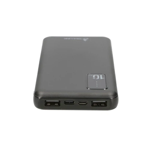 Czarny powerbank Extralink z dwoma portami USB, portem micro USB i portem USB-C widoczny z przodu. Na obudowie znajduje się logo marki oraz wskaźnik naładowania baterii.