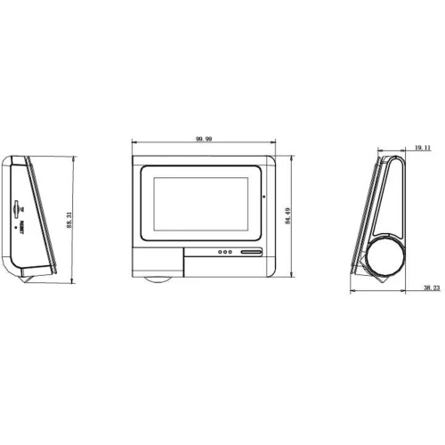 Schematyczny rysunek techniczny przedstawia rejestrator tras Hikvision z wymiarami w trzech rzutach: z przodu, z boku i z góry. Urządzenie ma prostokątny kształt z wyświetlaczem na przedniej stronie i zaokrąglonymi krawędziami.
