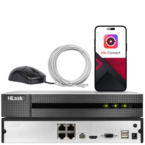 Na zdjęciu znajduje się rejestrator wideo HiLook z widocznymi portami z tyłu, obok którego leży mysz komputerowa, kabel sieciowy oraz smartfon z aplikacją Hik-Connect na ekranie. Tło jest białe, co podkreśla prezentowane produkty.