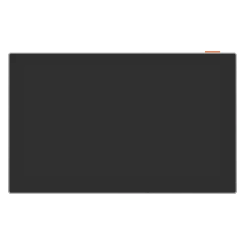 Na zdjęciu znajduje się czarny, prostokątny ekran dotykowy z cienką ramką i pomarańczowym elementem w prawym górnym rogu. Ekran jest wyłączony, co podkreśla jego minimalistyczny design.