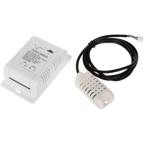 Inteligentny przełącznik z pomiarem temperatury i wilgotności w białej obudowie, obok czujnik z przewodem. Urządzenie posiada wyraźne oznaczenia i otwory wentylacyjne.