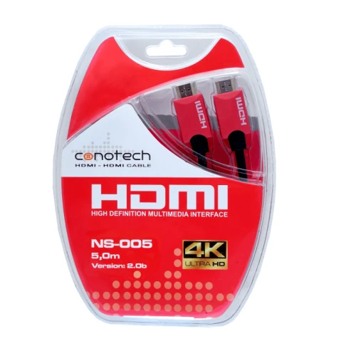 Opakowanie kabla HDMI marki Conotech model NS-005 o długości 5 metrów, obsługującego rozdzielczość 4K Ultra HD. Przezroczyste opakowanie ukazuje czerwony kabel z widocznymi złączami HDMI.