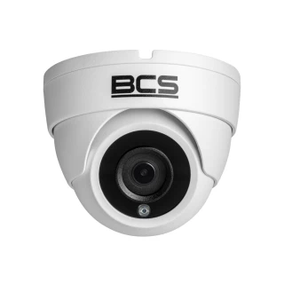 Biała kamera kopułkowa BCS z widocznym obiektywem i logo na górze. Kamera ma nowoczesny design i jest przeznaczona do monitoringu.