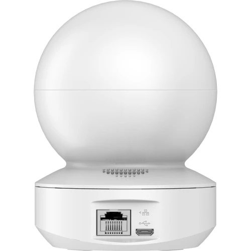 Biała kamera IP Full HD Ezviz TY1 o kulistym kształcie, widoczna od tyłu z portem Ethernet i złączem zasilania. Urządzenie ma gładką powierzchnię i kompaktowy design, idealny do monitoringu wewnętrznego.