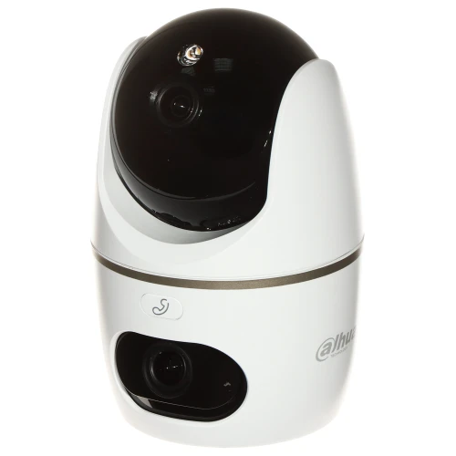 Biała, obrotowa kamera WiFi marki Dahua z czarną kopułą i logo producenta na obudowie. Kamera posiada dwa obiektywy i przycisk na przedniej części urządzenia.