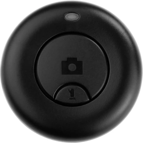 Czarny, okrągły przycisk z ikoną aparatu i przekreślonym mikrofonem, prawdopodobnie służy do sterowania kamerą samochodową. Na górze znajduje się mała dioda sygnalizacyjna.