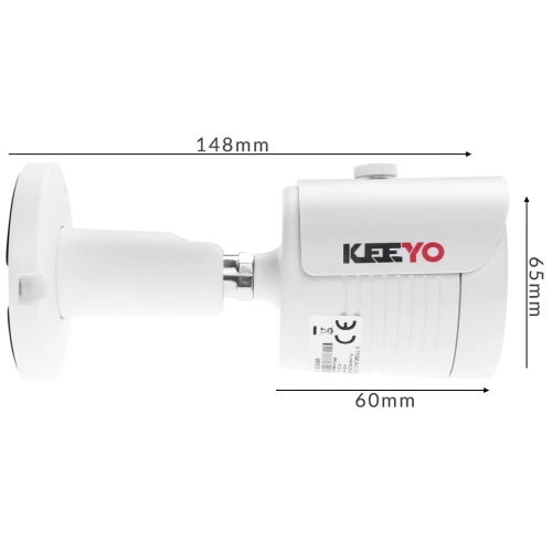 Kamera sieciowa IP Keeyo LV-I jest biała, kompaktowa i ma wymiary 148 mm długości, 65 mm wysokości oraz 60 mm szerokości. Posiada logo Keeyo na obudowie oraz oznaczenia certyfikacyjne CE.