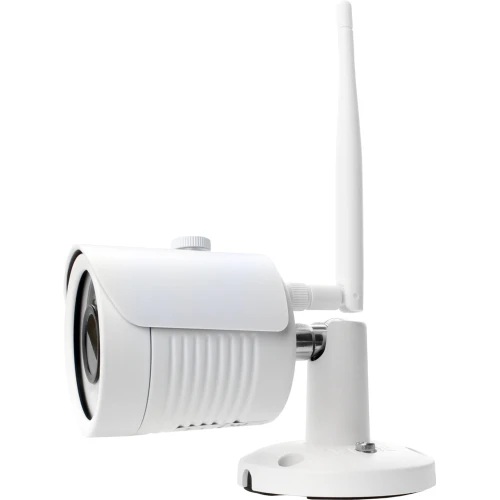 Biała kamera tubowa IP z anteną, przeznaczona do monitoringu zewnętrznego, zamontowana na regulowanym uchwycie. Posiada cylindryczny kształt i nowoczesny design, co zapewnia estetyczny wygląd i funkcjonalność.