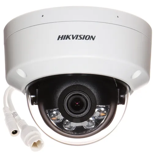 Wandaloodporna kamera IP Hikvision z białą obudową i widocznym obiektywem, wyposażona w przewody do podłączenia. Kamera posiada funkcję Smart Hybrid Light i oferuje rozdzielczość 8,3 MPx (4K).