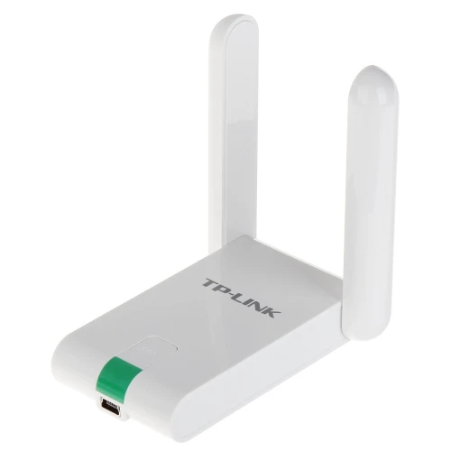 Biała karta WLAN USB TP-Link TL-WN822N z dwoma antenami zapewnia lepszy zasięg sieci bezprzewodowej. Produkt ma kompaktowy design z zielonym akcentem na obudowie.