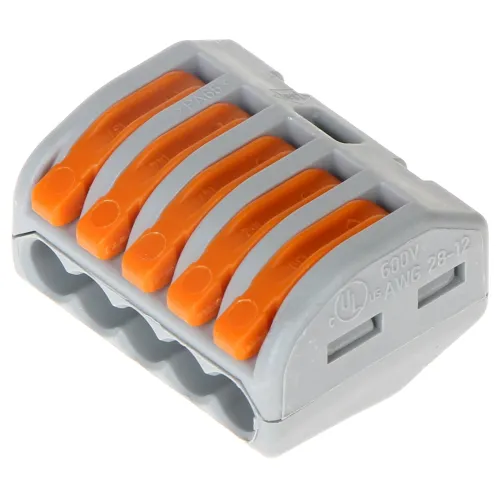 Zdjęcie przedstawia szarą kostkę elektryczną WAGO z pięcioma pomarańczowymi dźwigniami. Kostka jest oznaczona parametrami technicznymi, takimi jak napięcie 600V i zakres AWG 28-12.