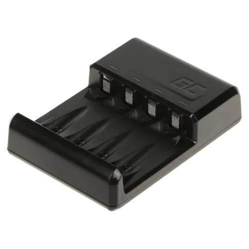 Czarna ładowarka Green Cell Vital Charger GC z czterema miejscami na baterie, widoczna z perspektywy lekko z góry. Na powierzchni ładowarki znajduje się logo "GC".