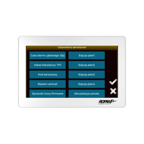 Dotykowy manipulator Ropam z wyświetlaczem pokazującym menu ustawień serwisowych, zawierające opcje takie jak czas alarmu, adres klawiatury i restart centrali. Ekran jest otoczony białą ramką z logo Ropam w prawym dolnym rogu.