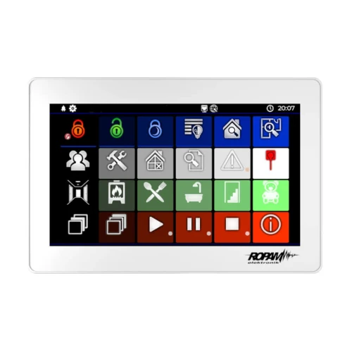 Na zdjęciu znajduje się manipulator dotykowy marki Ropam z kolorowym ekranem, na którym widoczne są różnorodne ikony funkcji domowych, takie jak oświetlenie, alarmy i multimedia. W prawym dolnym rogu ekranu znajduje się logo Ropam.