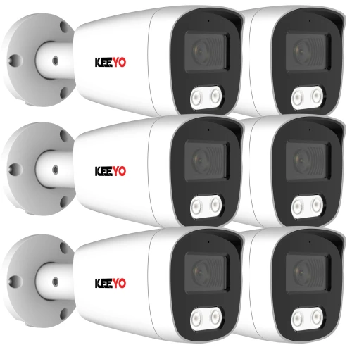 Na zdjęciu znajduje się zestaw sześciu białych kamer tubowych z czarnymi frontami, ułożonych w dwóch rzędach po trzy. Kamery mają logo "KEEYO" i są wyposażone w obiektywy oraz diody LED.