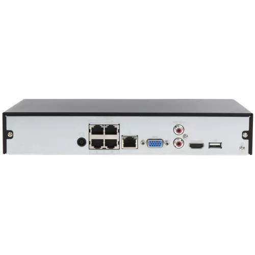 Zdjęcie przedstawia panel tylny urządzenia elektronicznego z różnymi portami, w tym czterema portami Ethernet, portem VGA, dwoma portami audio, portem HDMI i portem USB. Obudowa jest metalowa z czarnym wykończeniem na górze.