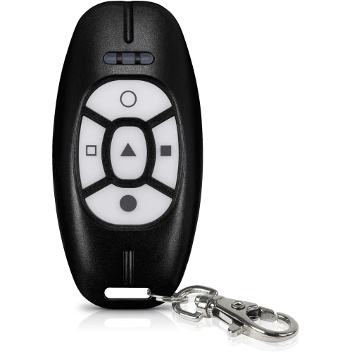 Pilot zdalnego sterowania dla systemu MICRA MPT-300 z czterema przyciskami na czarnej obudowie. Urządzenie posiada ergonomiczny kształt i jest przeznaczone do zdalnego sterowania systemem alarmowym.