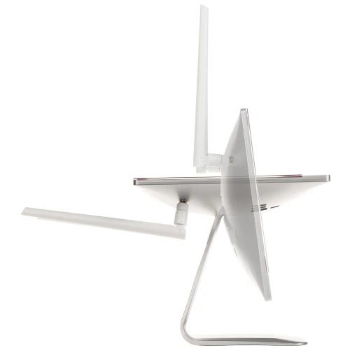 Podstawka monitora umożliwiająca zmianę pozycji ekranu z poziomej do pionowej, wykonana z metalu i plastiku w kolorze białym. Zdjęcie przedstawia boczny widok podstawki z monitorem w dwóch pozycjach.