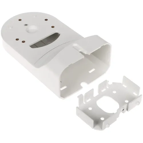Biały uchwyt montażowy z tworzywa sztucznego, składający się z dwóch części: głównej obudowy i zdejmowanej podstawy. Obudowa ma otwory montażowe i wycięcia na kable.