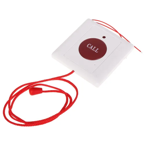 Kwadratowy biały przycisk przywołania pomocy z czerwonym przyciskiem oznaczonym "CALL" i czerwoną linką. Urządzenie posiada mały otwór na górze oraz wystający czerwony przewód.