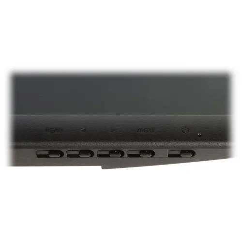 Zdjęcie przedstawia dolną część monitora z widocznymi przyciskami sterującymi menu OSD, oznaczonymi jako "MENU", strzałka w lewo, "AUTO" i przycisk zasilania. Przyciski są umieszczone na czarnej ramce urządzenia.