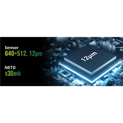 Grafika przedstawia schematyczny obraz układu scalonego z oznaczeniem "12μm" na jego powierzchni, otoczonego niebieskimi i białymi światłami. Po lewej stronie znajdują się napisy: "Sensor 640×512, 12μm" oraz "NETD ≤30mk".