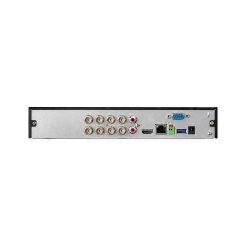 Zdjęcie przedstawia tylny panel rejestratora cyfrowego z różnymi portami i złączami, w tym BNC, HDMI, VGA, USB oraz Ethernet. Urządzenie ma metalową obudowę z czarnymi i srebrnymi elementami.