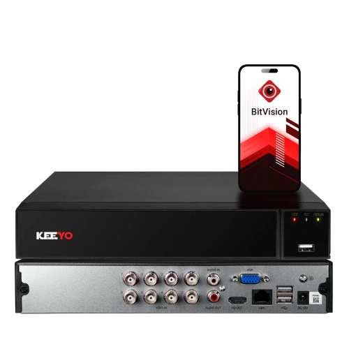 Na zdjęciu znajduje się czarny rejestrator hybrydowy marki Keeyo z kilkoma portami z tyłu, w tym wejściami wideo i audio, portem VGA oraz USB. Obok rejestratora widoczny jest smartfon z logo BitVision na ekranie.