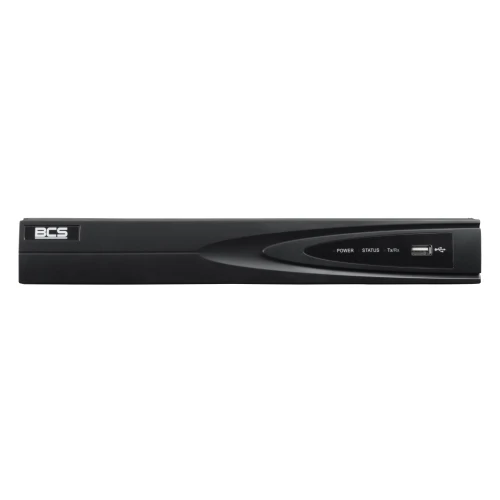 Czarny rejestrator IP BCS z widocznymi diodami LED oznaczającymi zasilanie, status i tryb turbo. Na przednim panelu znajduje się również port USB.