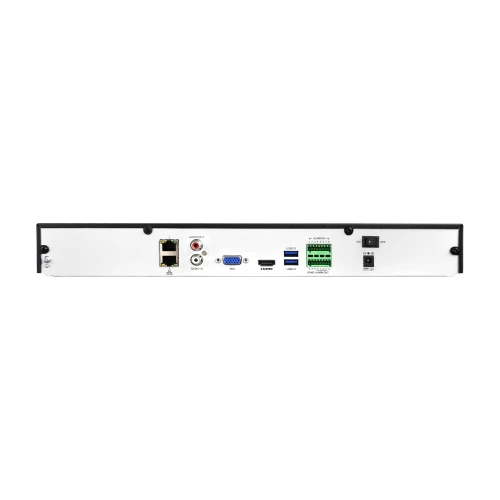 Zdjęcie przedstawia tylny panel rejestratora IP BCS z różnymi portami i złączami, w tym portami USB, VGA, HDMI oraz złączem sieciowym. Urządzenie ma prostokątny kształt i jest w kolorze białym z czarnymi elementami.