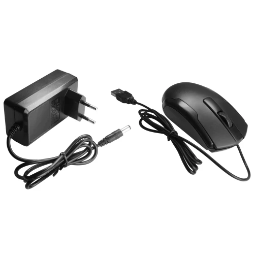 Na zdjęciu znajduje się czarny zasilacz sieciowy z wtyczką oraz czarna mysz komputerowa z przewodem USB. Oba produkty są przedstawione na białym tle.